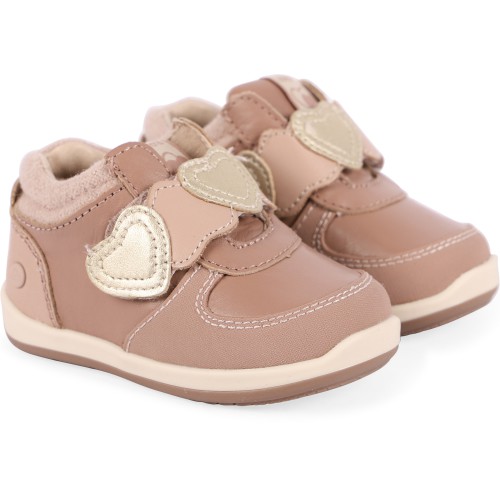 Velcro Strap Leather Bootees in Beige