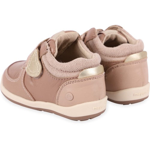 Velcro Strap Leather Bootees in Beige