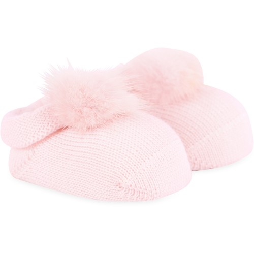 Pom Pom and Bow Woolen Baby Shoes and Headband in Light Pink