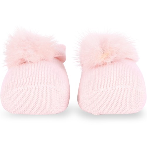 Pom Pom and Bow Woolen Baby Shoes and Headband in Light Pink