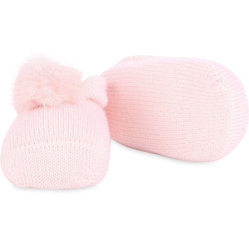 Pom Pom and Bow Woolen Baby Shoes and Headband in Light Pink