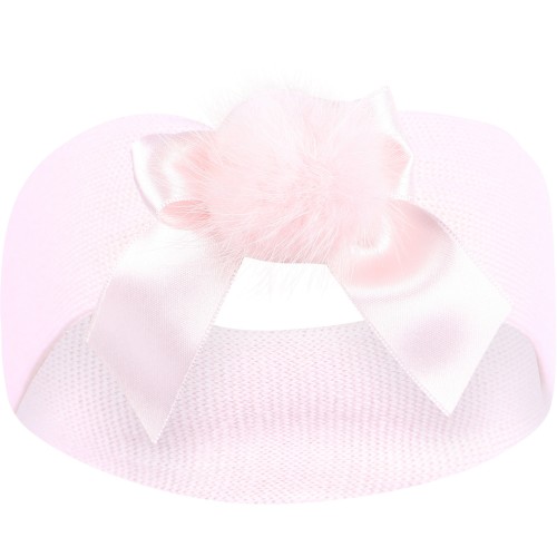 Pom Pom and Bow Woolen Baby Shoes and Headband in Light Pink