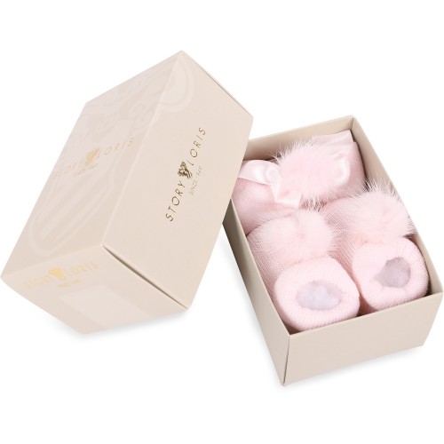 Pom Pom and Bow Woolen Baby Shoes and Headband in Light Pink