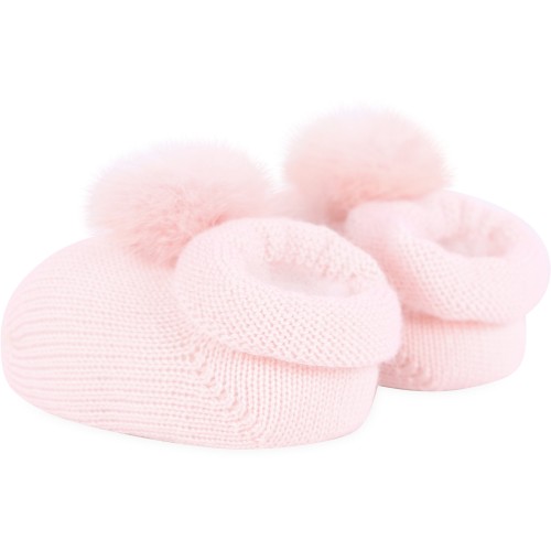 Pom Pom and Bow Woolen Baby Shoes and Headband in Light Pink