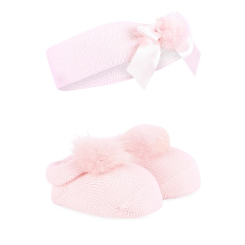 Pom Pom and Bow Woolen Baby Shoes and Headband in Light Pink