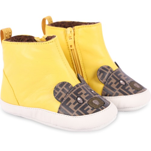FF Bear Leather Baby Shoes with Woolen Interior in Yellow