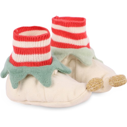 Elf Baby Booties in Off-White, Red and Green