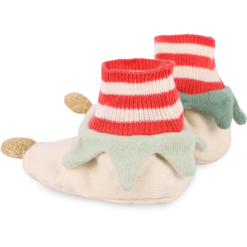 Elf Baby Booties in Off-White, Red and Green