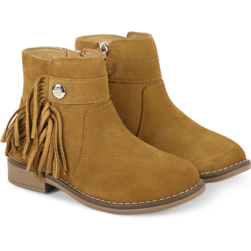 Fringe Detailing Leather Bootees in Brown