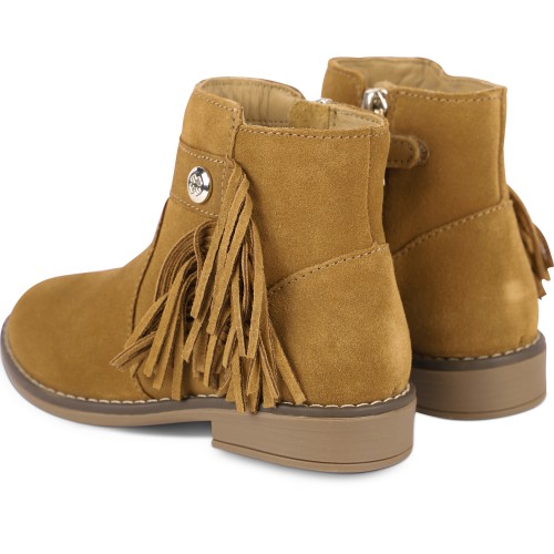 Fringe Detailing Leather Bootees in Brown