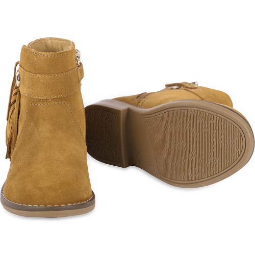 Fringe Detailing Leather Bootees in Brown