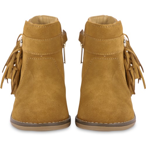 Fringe Detailing Leather Bootees in Brown