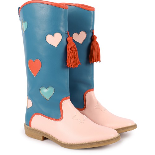 Love Hearts and Tassels Detailing Cowboy Boots in Blue and Pink