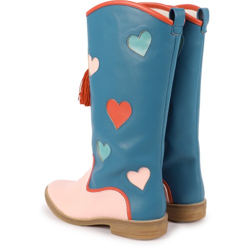 Love Hearts and Tassels Detailing Cowboy Boots in Blue and Pink