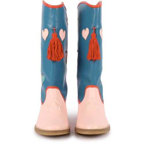 Love Hearts and Tassels Detailing Cowboy Boots in Blue and Pink