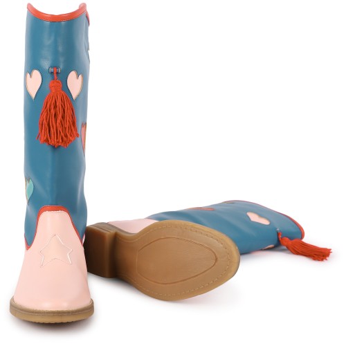 Love Hearts and Tassels Detailing Cowboy Boots in Blue and Pink