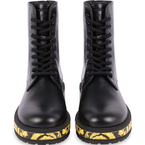 Barocco Print Outsole Leather Boots in Black and Golden