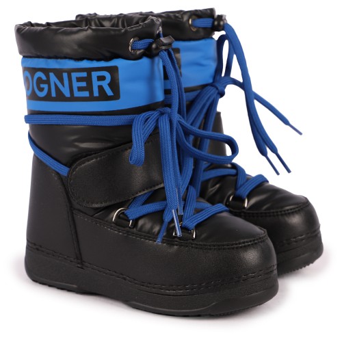 Lace-Up Faux Fur Interior Logo Ski Boots in Black and Blue