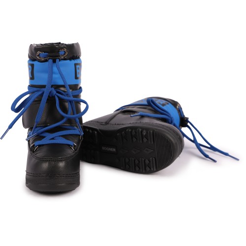 Lace-Up Faux Fur Interior Logo Ski Boots in Black and Blue