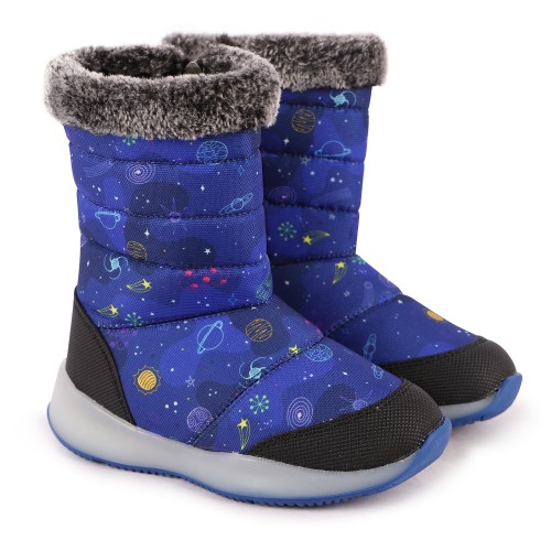 Space Print Winter Boots with Faux Fur Detailing in Blue