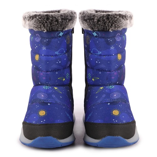 Space Print Winter Boots with Faux Fur Detailing in Blue