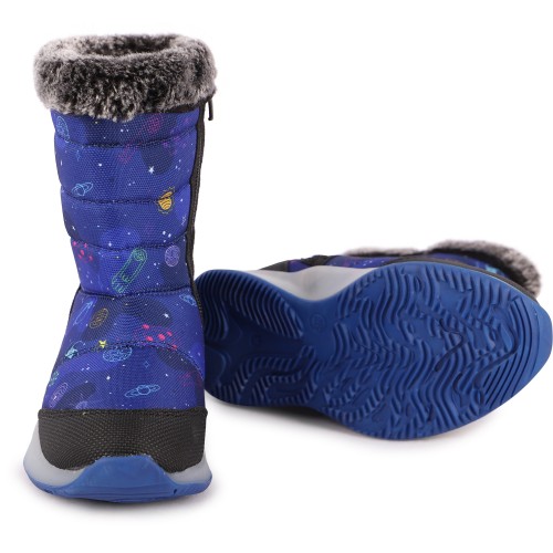 Space Print Winter Boots with Faux Fur Detailing in Blue