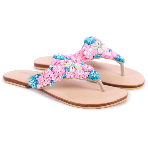 Sequins and Beads Flowers Leather Flip-Flops