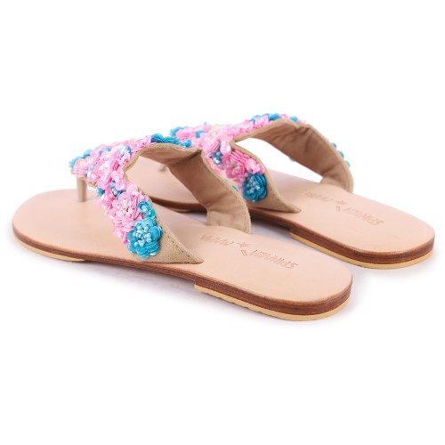 Sequins and Beads Flowers Leather Flip-Flops