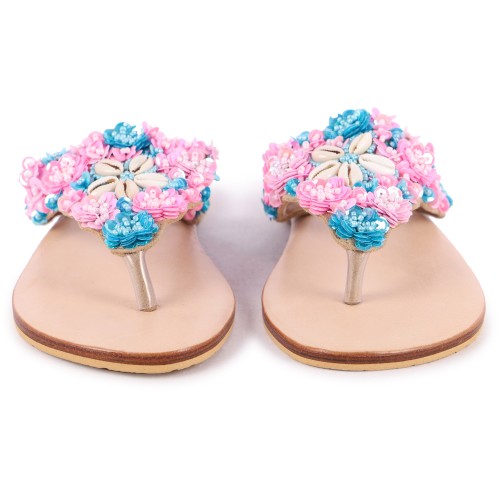 Sequins and Beads Flowers Leather Flip-Flops