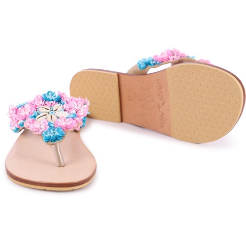 Sequins and Beads Flowers Leather Flip-Flops