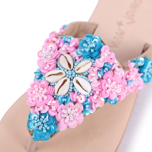 Sequins and Beads Flowers Leather Flip-Flops