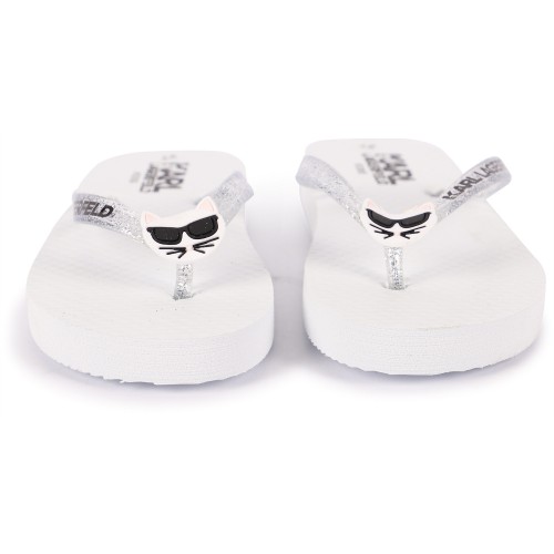 Choupette Cat Glitter Detailing Logo Flip Flops in White