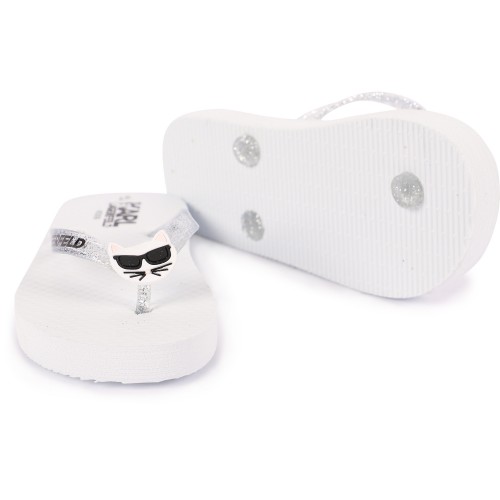 Choupette Cat Glitter Detailing Logo Flip Flops in White