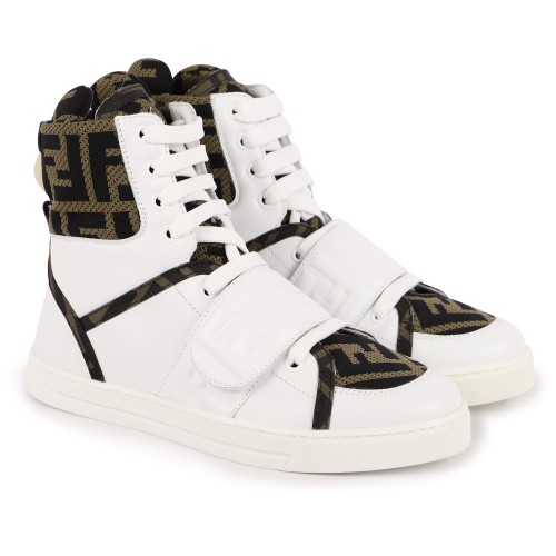 High Top Sneakers with Embossed Logo in White and Brown High Top Sneakers with Embossed Logo in White and Brown